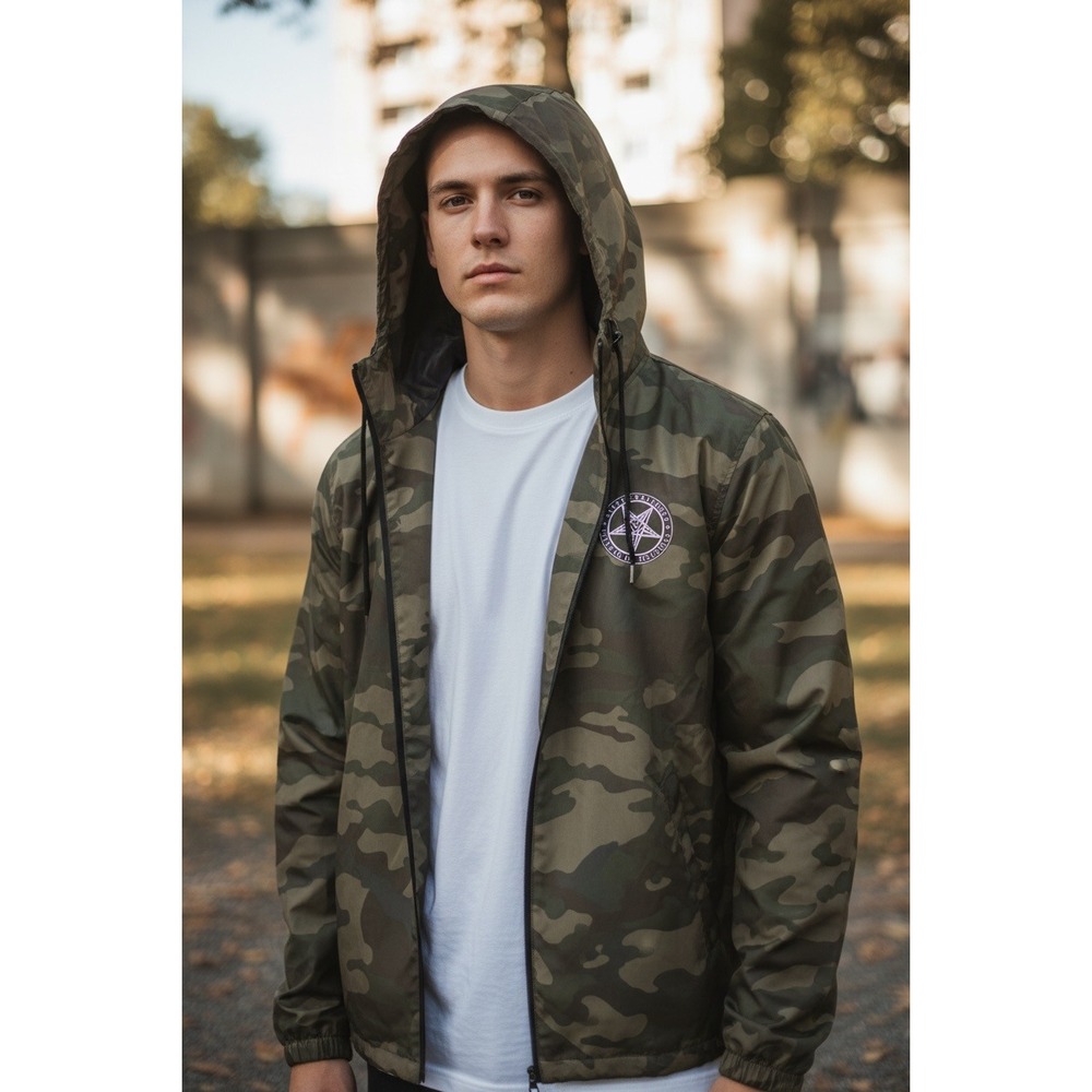 Blackcraft Cult Camo Windbreaker Jacket Mens Size M Hooded‎ Baphomet Logo